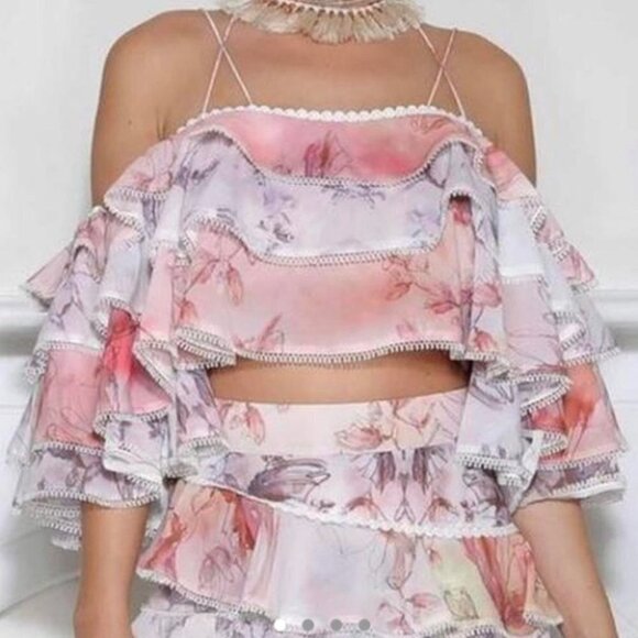 IXIAH Pastel Pink and Blue Barbie Ruffles Flowy Off the Shoulder Top Size US 6 - Picture 3 of 15